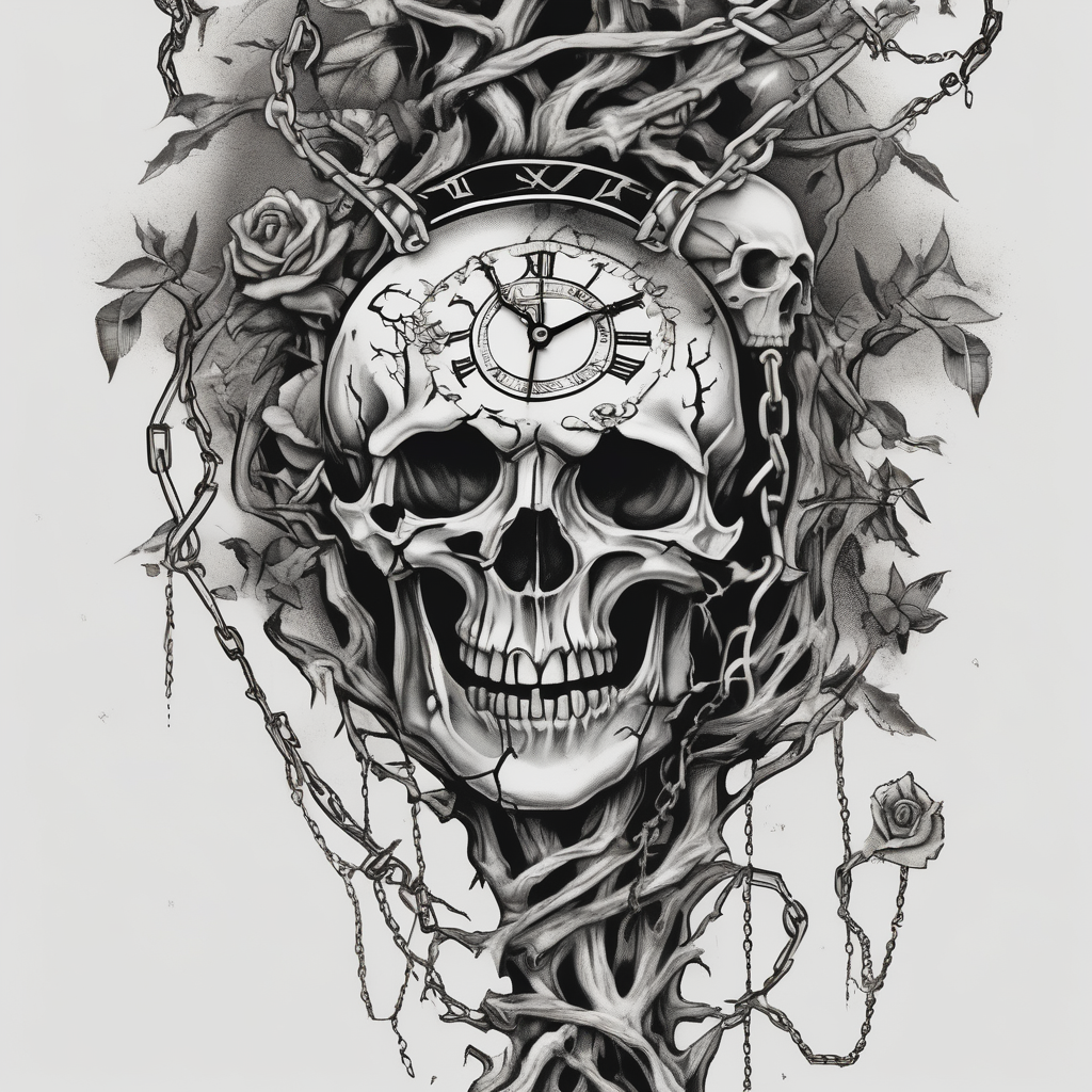 tattoo sleeve, tree roots break out of the chains at the bottom of the hand, Symbolizing loss, an image of a broken mask, Clock with flying numbers, girl, skull, roses english dragon tattoo, AI-generated Black and White tattoo design
